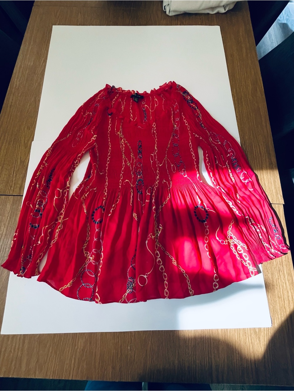 Melissa Paige Red Pleated Blouse, elastic waist section. With Chain Print. PXL